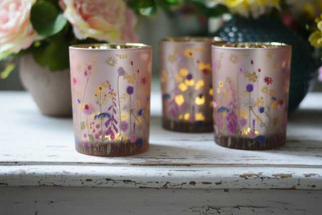 Floral Blush Glass Tealight Holder, Wildflower Meadow Cottage Charm - image 1