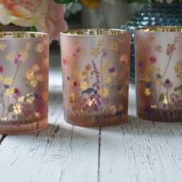 Floral Blush Glass Tealight Holder, Wildflower Meadow Cottage Charm - thumbnail 2