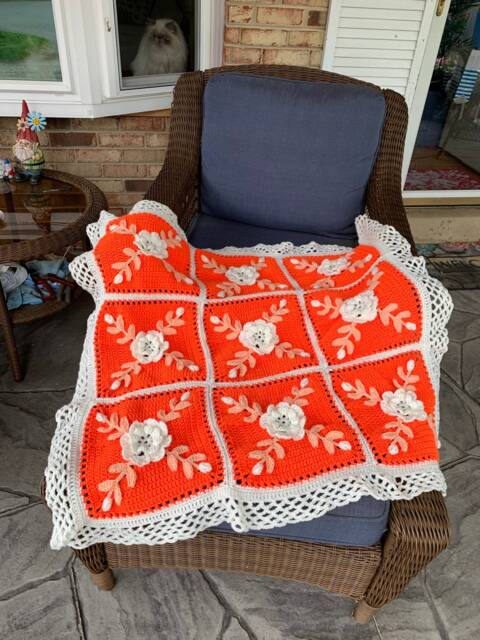 Crocheted Wild Rose Afghan Peach, Cream, & Orange Throw - image 1