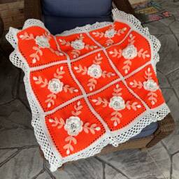 Crocheted Wild Rose Afghan Peach, Cream, & Orange Throw - thumbnail 3