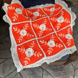 Crocheted Wild Rose Afghan Peach, Cream, & Orange Throw - thumbnail 2