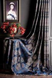 Luxury Damask Curtains Navy Blue, Gold Bedroom Livingroom Drape