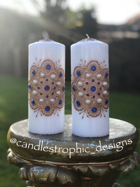 Candle Pair With Rose Gold Mandala/Henna Design Blue Gems - image 1