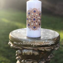 Candle Pair With Rose Gold Mandala/Henna Design Blue Gems - thumbnail 2
