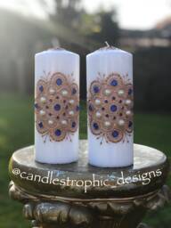 Candle Pair With Rose Gold Mandala/Henna Design Blue Gems - thumbnail 1