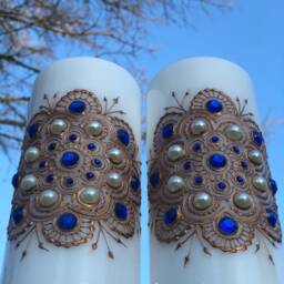 Candle Pair With Rose Gold Mandala/Henna Design Blue Gems - thumbnail 3