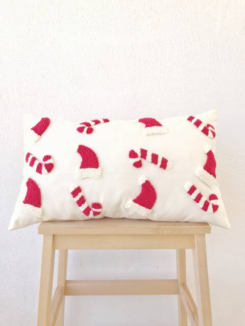 Embroidered Christmas Throw Pillow Cover, Merry Cushion Case, Santa Hat & Candy Cane Squab, Best Decoration Gift - image 1