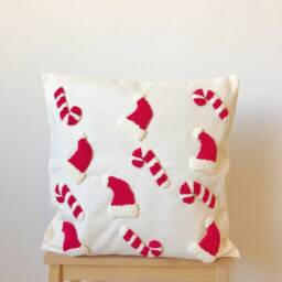 Embroidered Christmas Throw Pillow Cover, Merry Cushion Case, Santa Hat & Candy Cane Squab, Best Decoration Gift - thumbnail 2
