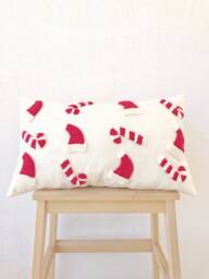 Embroidered Christmas Throw Pillow Cover, Merry Cushion Case, Santa Hat & Candy Cane Squab, Best Decoration Gift - thumbnail 1