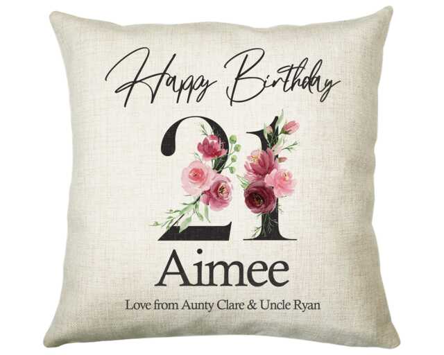 21st Birthday Gift For Women - Personalised Happy Cushion Age 21 Her Lady Floral Design Daughter Sister Twenty One Bna21C - image 1