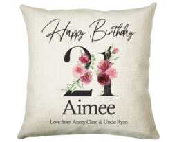 21st Birthday Gift For Women - Personalised Happy Cushion Age 21 Her Lady Floral Design Daughter Sister Twenty One Bna21C - thumbnail 1