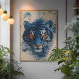 Korean Ink Tiger Art Print Blue Mystical Bamboo Portrait - thumbnail 2