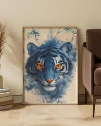 Korean Ink Tiger Art Print Blue Mystical Bamboo Portrait - thumbnail 1
