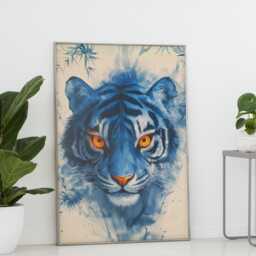 Korean Ink Tiger Art Print Blue Mystical Bamboo Portrait - thumbnail 3