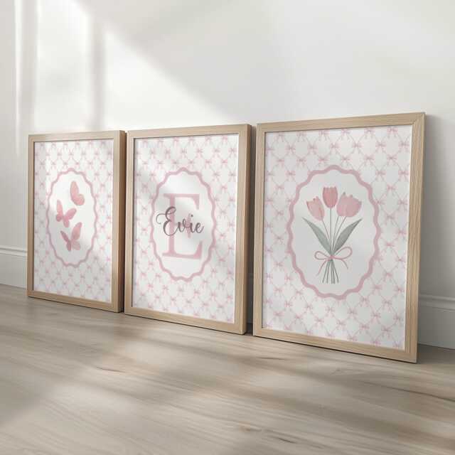 Personalised Pink Bow Nursery Wall Art Set - Butterfly Girls Room Prints With Optional Frames - image 1