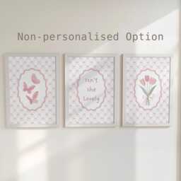 Personalised Pink Bow Nursery Wall Art Set - Butterfly Girls Room Prints With Optional Frames - thumbnail 2