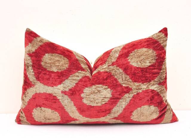 Handmade Silk Velvet Ikat Pillow Cover, Luxury Lumbar Cushion - image 1