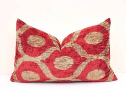 Handmade Silk Velvet Ikat Pillow Cover, Luxury Lumbar Cushion - thumbnail 1