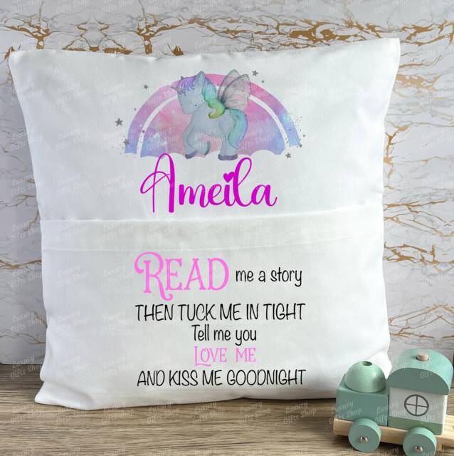 Personalised Book Cushion, Children's Stories, Pocket Pillow, Tuck Me In, Unicorn Cushions