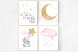 Elephant Nursery Decor Pink & Gold Moon & Stars Art Print - thumbnail 1