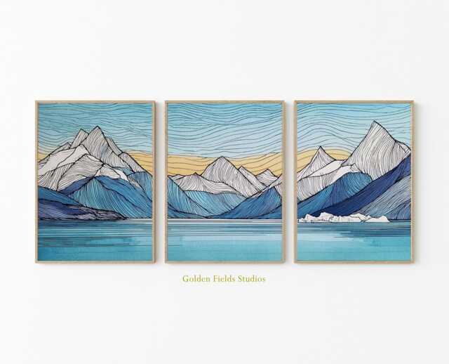 Mountain Landscape Wall Art Set Of 3, Blue Lake & Peaks Prints, Modern Minimalist Line Art, Nordic Nature Decor For Living Room - image 1