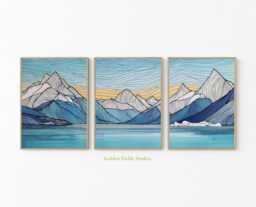 Mountain Landscape Wall Art Set Of 3, Blue Lake & Peaks Prints, Modern Minimalist Line Art, Nordic Nature Decor For Living Room - thumbnail 1