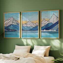 Mountain Landscape Wall Art Set Of 3, Blue Lake & Peaks Prints, Modern Minimalist Line Art, Nordic Nature Decor For Living Room - thumbnail 3