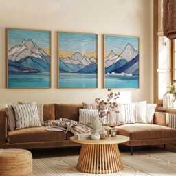 Mountain Landscape Wall Art Set Of 3, Blue Lake & Peaks Prints, Modern Minimalist Line Art, Nordic Nature Decor For Living Room - thumbnail 2