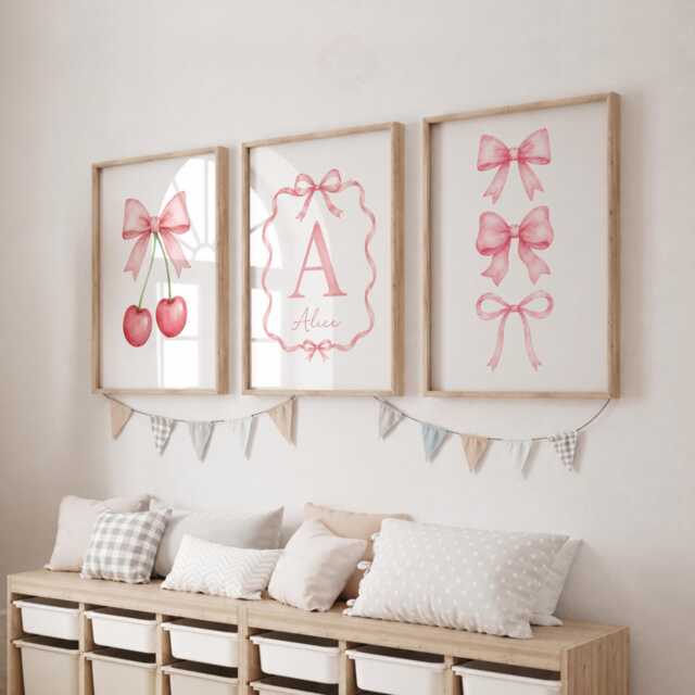 Girls Bow Print Set - Pink Girly Nursery Decor, Cherry Girl Bedroom Wall Art - image 1