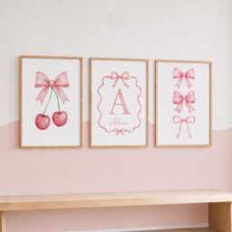 Girls Bow Print Set - Pink Girly Nursery Decor, Cherry Girl Bedroom Wall Art - thumbnail 3