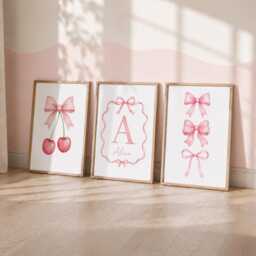 Girls Bow Print Set - Pink Girly Nursery Decor, Cherry Girl Bedroom Wall Art - thumbnail 2