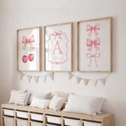Girls Bow Print Set - Pink Girly Nursery Decor, Cherry Girl Bedroom Wall Art - thumbnail 1