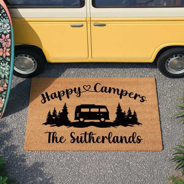 Happy Campers Travel Motorhome Doormat - Personalized Camper Accessories Custom Camping Rug Coir Gift Family Door Mat - image 1