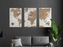 3D World Map Cork Push Pin Board Wall Art Map, Wooden Travel Home Decor 3 Panel Art, Wedding Anniversary Gift