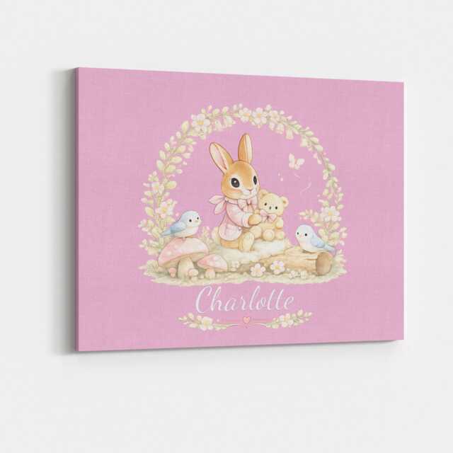 Personalised Pink Bunny Bird Canvas Wall Art Custom Name & Colour Floral Nursery Decor Baby Girl Bedroom Keepsake Artwork Shower Gift - image 1