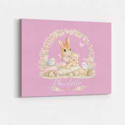 Personalised Pink Bunny Bird Canvas Wall Art Custom Name & Colour Floral Nursery Decor Baby Girl Bedroom Keepsake Artwork Shower Gift - thumbnail 1