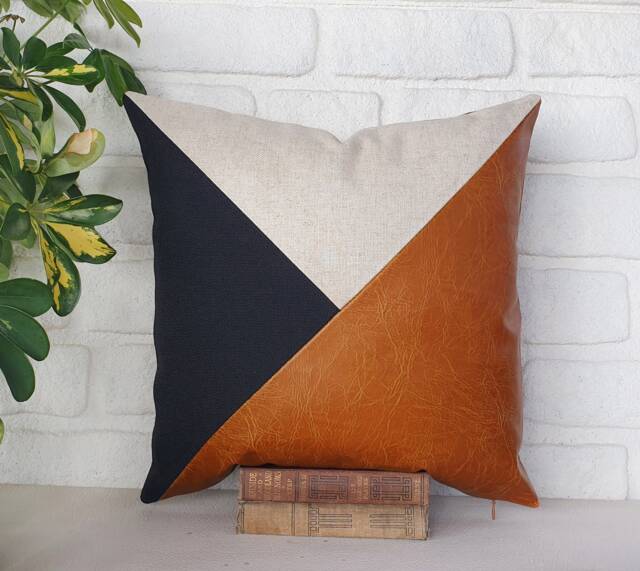 Cognac Faux Leather Pillow Cover Triangle Design, Modern Scandinavian Decor - image 1