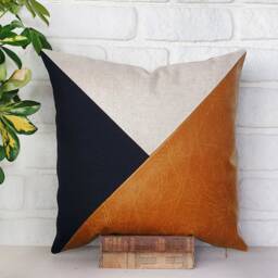 Cognac Faux Leather Pillow Cover Triangle Design, Modern Scandinavian Decor - thumbnail 3