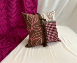 Designers Guild Bohemian Pillow Cover Chocolate Brown, Pink Velvet, Tassel Trim - thumbnail 1