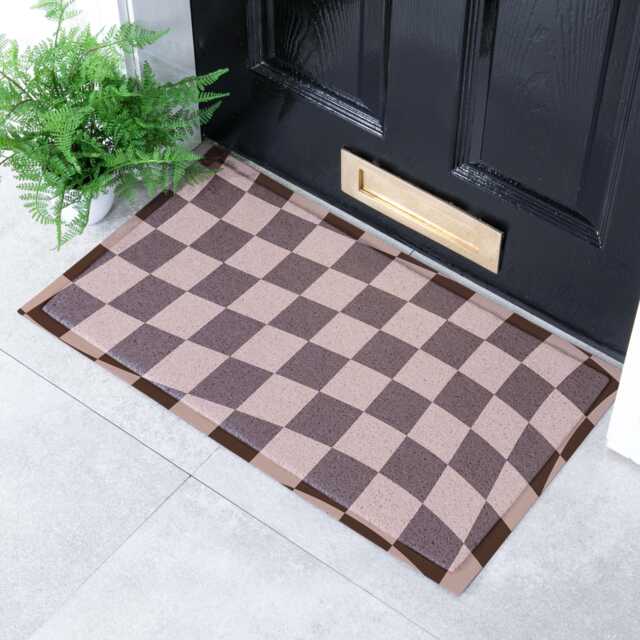 Wavey Checkerboard Chocolate Brown Doormat Recycled PVC, Anti-Slip - 70x40cm - image 1