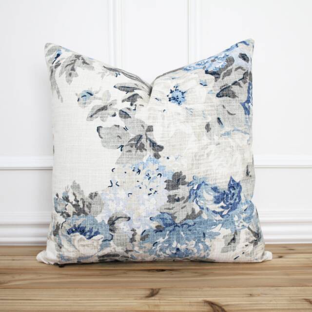 Blue Floral Pillow Cover Flower 20x20 Throw Linen Designer Decorative -- Tatum - image 1