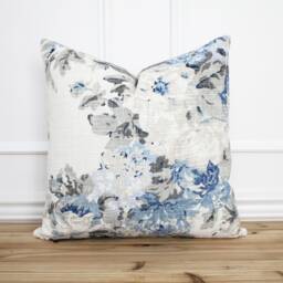 Blue Floral Pillow Cover Flower 20x20 Throw Linen Designer Decorative -- Tatum - thumbnail 1