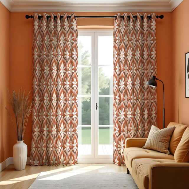 Retro Orange Geometric Curtains, Mid Century Modern Daisy Pattern Drapes, Made To Measure Window Panels, Custom Eyelet Or Rod Pocket Curtain - image 1