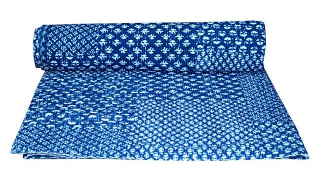 Indigo Blue Cotton Kantha Quilt Work Throw Indian Bedspread Gudari Both Size - image 1