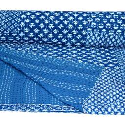 Indigo Blue Cotton Kantha Quilt Work Throw Indian Bedspread Gudari Both Size - thumbnail 2