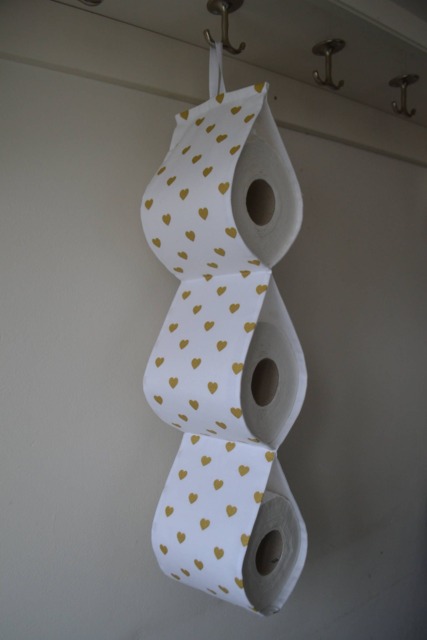 Fabric Spare Toilet Roll Holder At The Wall 2/3 4 /5 Rolls - White Or Dirty Pink With Gold Hearts - image 1