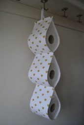 Fabric Spare Toilet Roll Holder At The Wall 2/3 4 /5 Rolls - White Or Dirty Pink With Gold Hearts - thumbnail 1