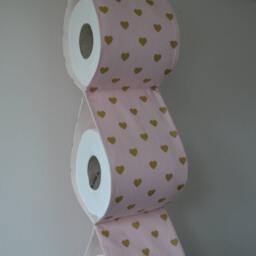 Fabric Spare Toilet Roll Holder At The Wall 2/3 4 /5 Rolls - White Or Dirty Pink With Gold Hearts - thumbnail 3