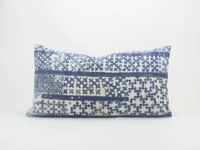 Vintage Hmong Batik Throw Pillow Cover, Indigo Rustic Lumbar Cushion - 24x13 - image 1
