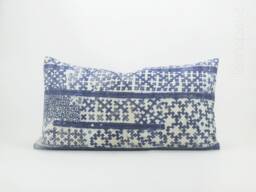 Vintage Hmong Batik Throw Pillow Cover, Indigo Rustic Lumbar Cushion - 24x13 - thumbnail 1